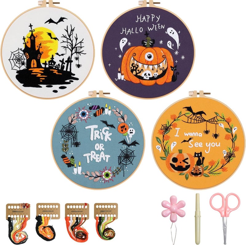 BBLYBD Halloween Embroidery Kit, Pumpkin Cross Stitch Kits, 4 Set Craft Kits for Beginners with Pre-Printed Embroidery Fabric, Hoops, Step-by-Step Instructions, Color Threads & Needles (Halloween-4 Set) - Image 1
